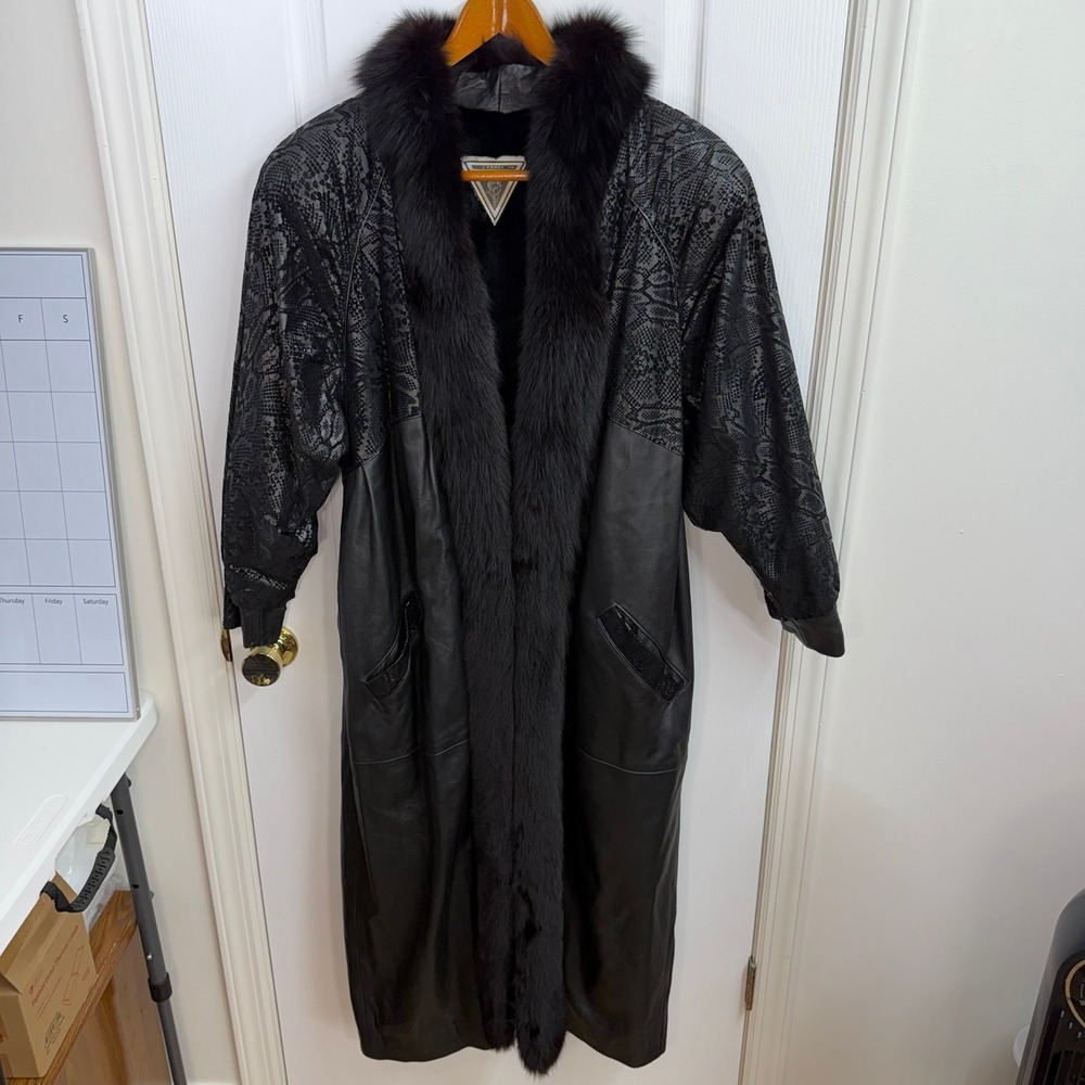 Vintage Marvin Richard's black fox fur leather snake print long hook loop coat M